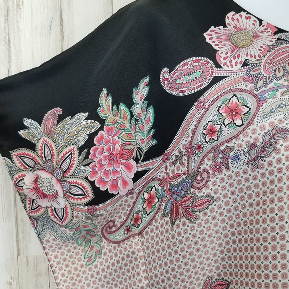 Jacqueline Riu Womens Top 2 38-40 Black Pink Floral Silky Y17 - Picture 2 of 6